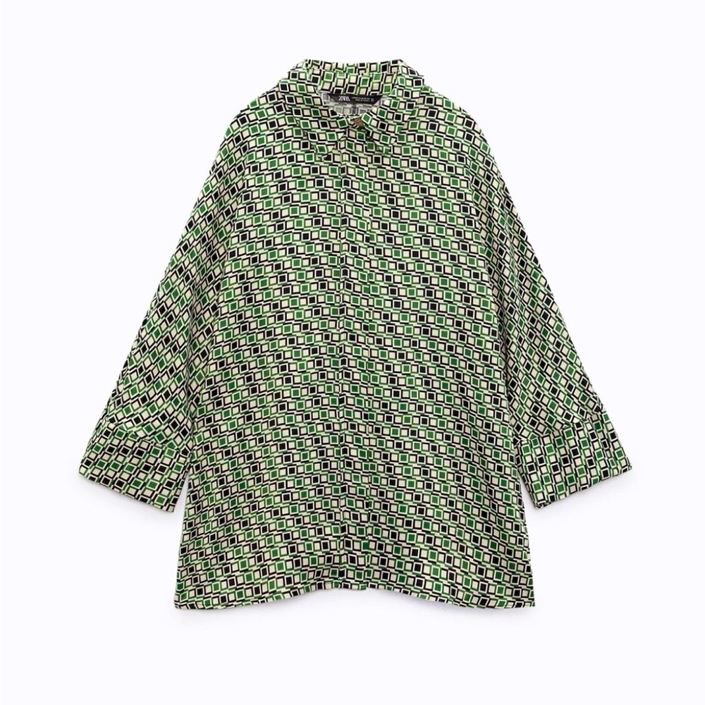 Zara satin effect green geometric button front blouse 3/4 sleeves size S